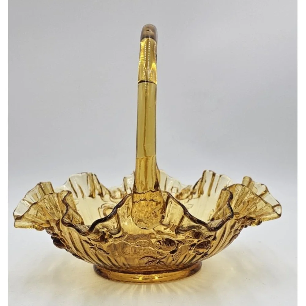 Vintage Amber Pressed Glass Basket Ruffled Edges Roses Applied Handle